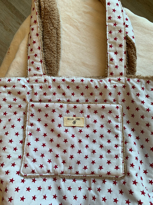 Cabas réversible coton tissu indien blanc et fleurs moumoutte caramel