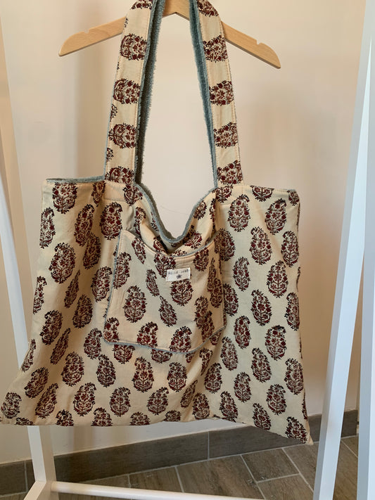 Cabas réversible coton tissu indien beige et fleurs douillette kaki