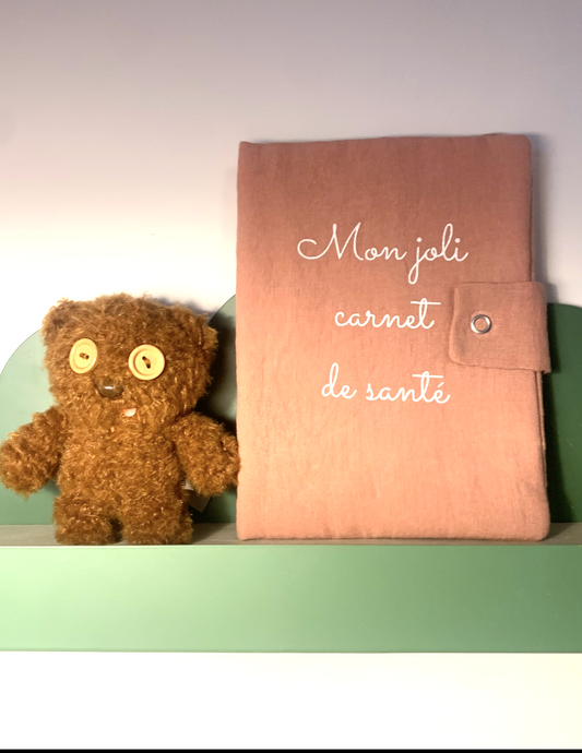Protège carnet de santé lin rose sorbet fraise flocage paillettes blanches "mon joli carnet de santé"