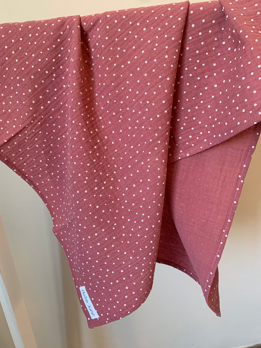 Lange gaze de coton vieux rose pois blanc.