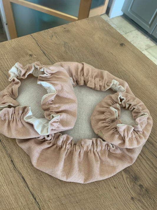 lot de 3 charlottes alimentaires en lin lave rose poudre et a et intérieur toile a beurre