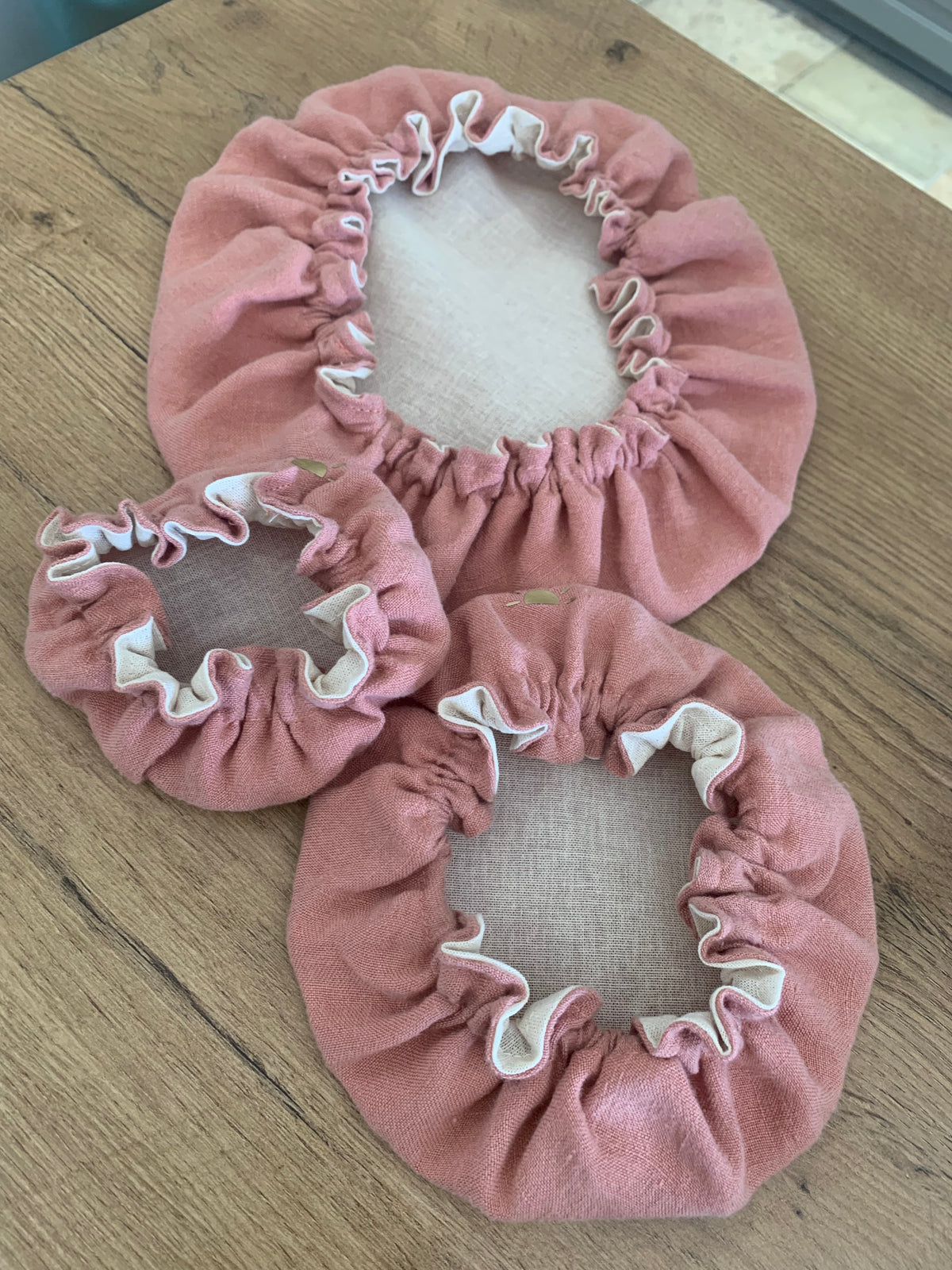 lot de 3 charlottes alimentaires en lin lave rose sorbet fraise et a et intérieur toile a beurre