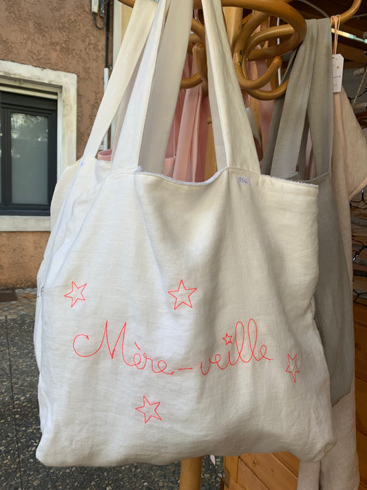 Cabas lin lavé rose pâle flocage paillettes blanches "Dream & Smile"