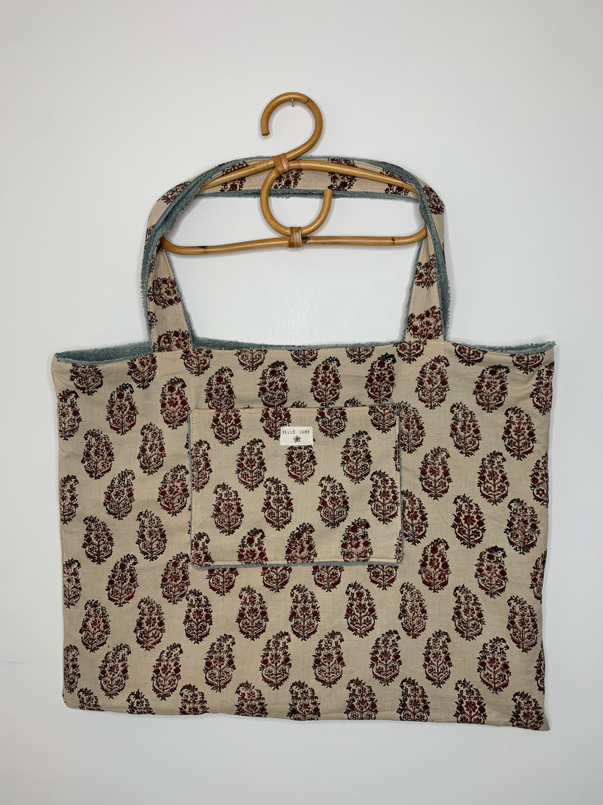 Cabas réversible coton tissu indien beige et fleurs douillette  kaki