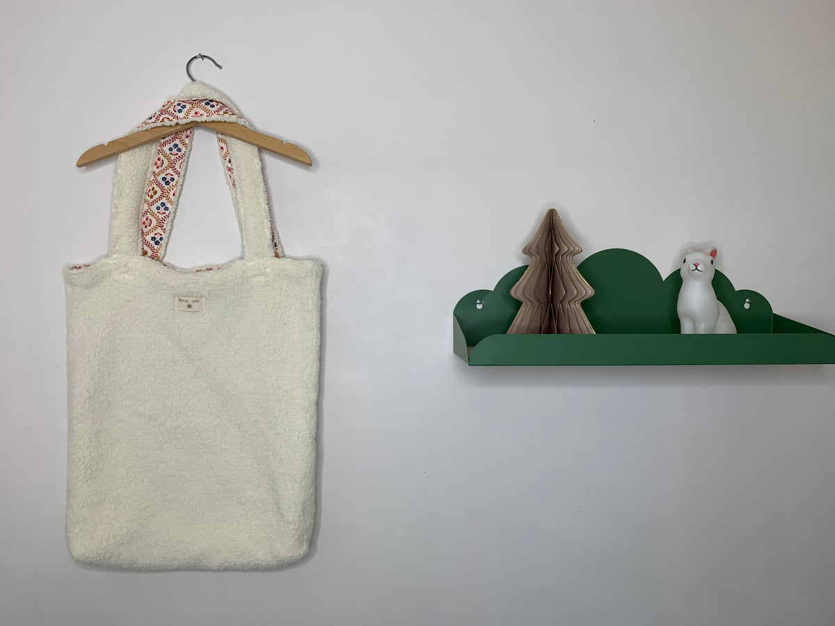 Cabas réversible coton tissu indien blanc et fleurs moumoutte blanche