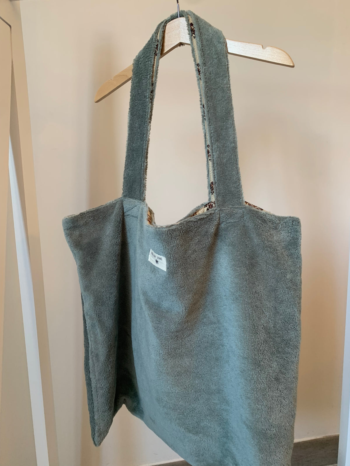 Cabas réversible coton tissu indien beige et fleurs douillette  kaki
