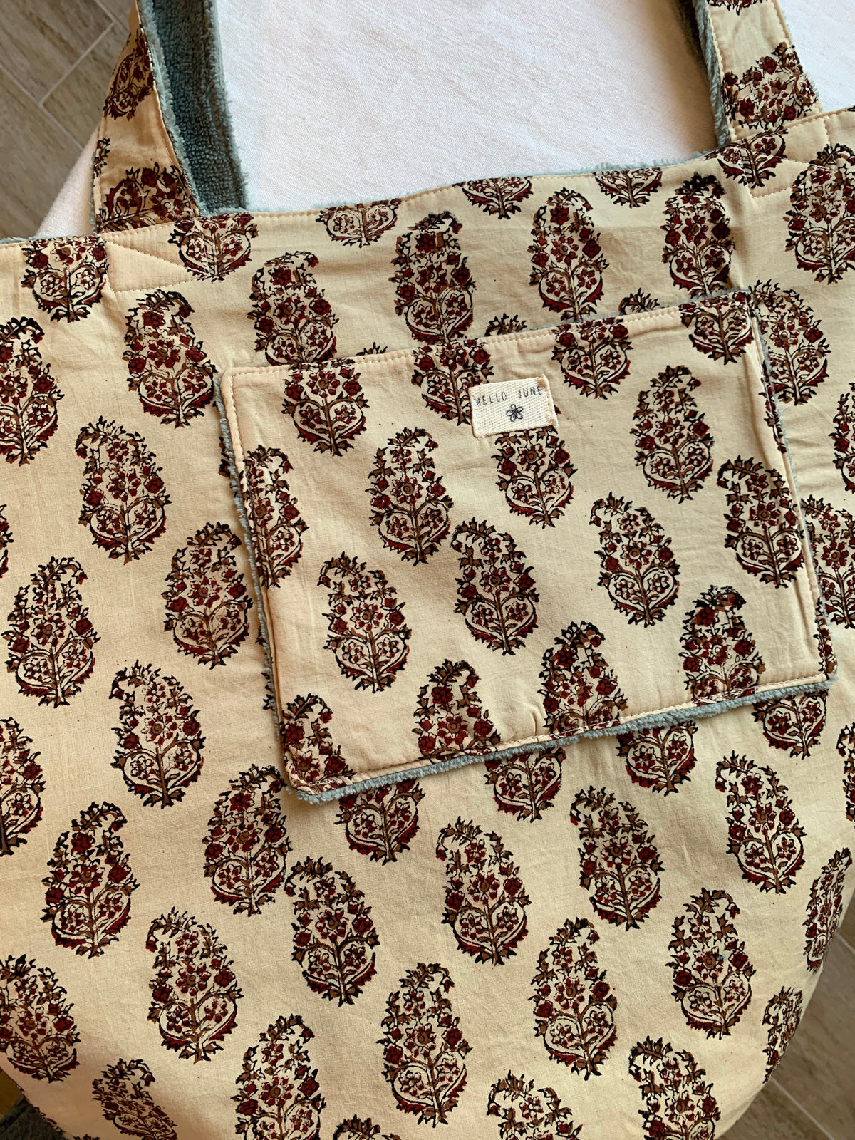Cabas réversible coton tissu indien beige et fleurs douillette  kaki