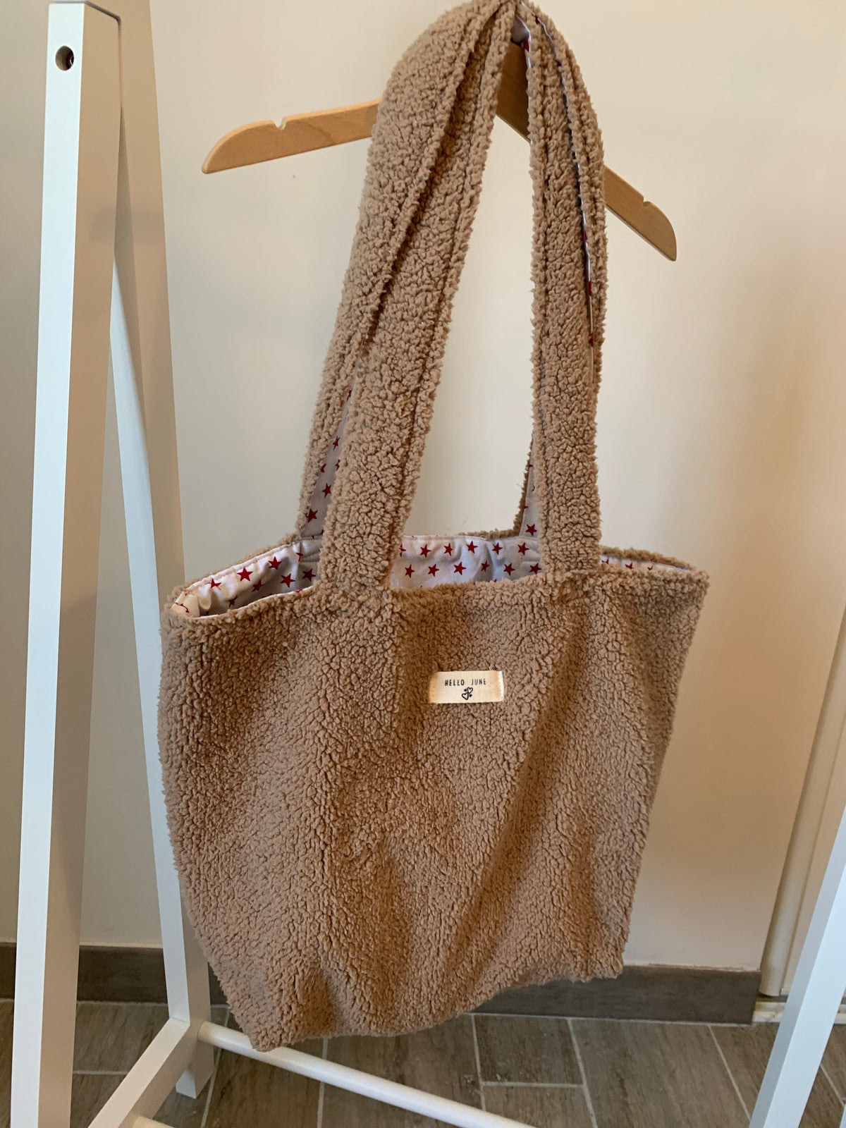 Cabas réversible coton tissu indien blanc et fleurs moumoutte caramel