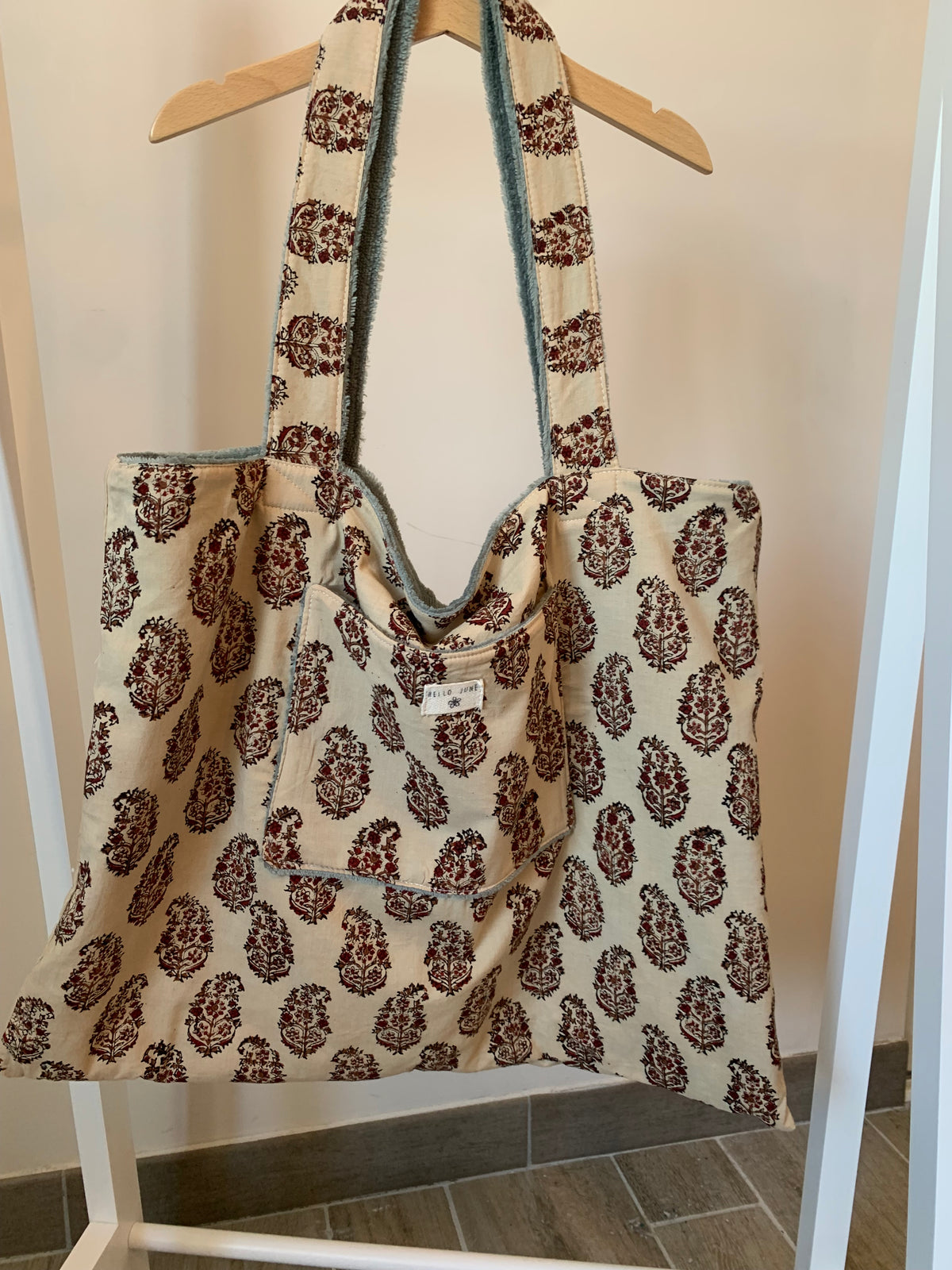 Cabas réversible coton tissu indien beige et fleurs douillette  kaki