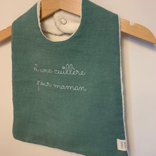 Bavoir Petit Épicurien – Lin lavé vert sapin et douillette blanche