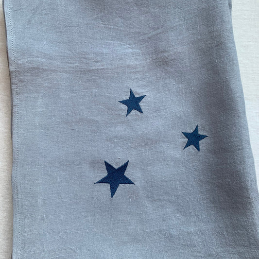 Lange lin lavé gris broderie 3 étoiles marine  100 x 100 