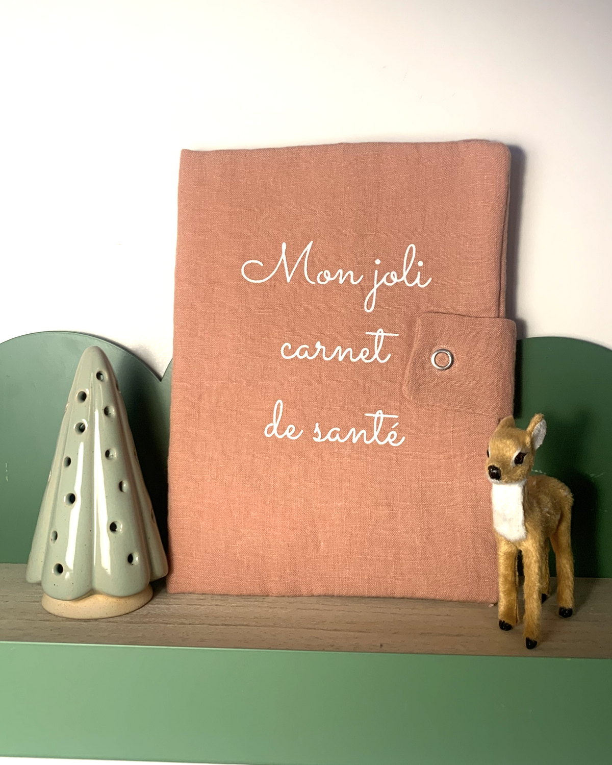 Protège carnet de santé lin rose sorbet fraise flocage paillettes blanches "mon joli carnet de santé"