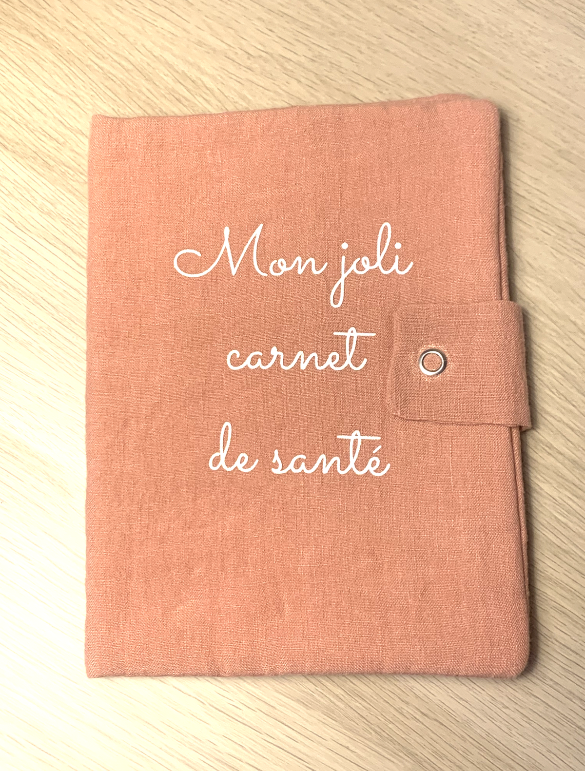 Protège carnet de santé lin rose sorbet fraise flocage paillettes blanches "mon joli carnet de santé"