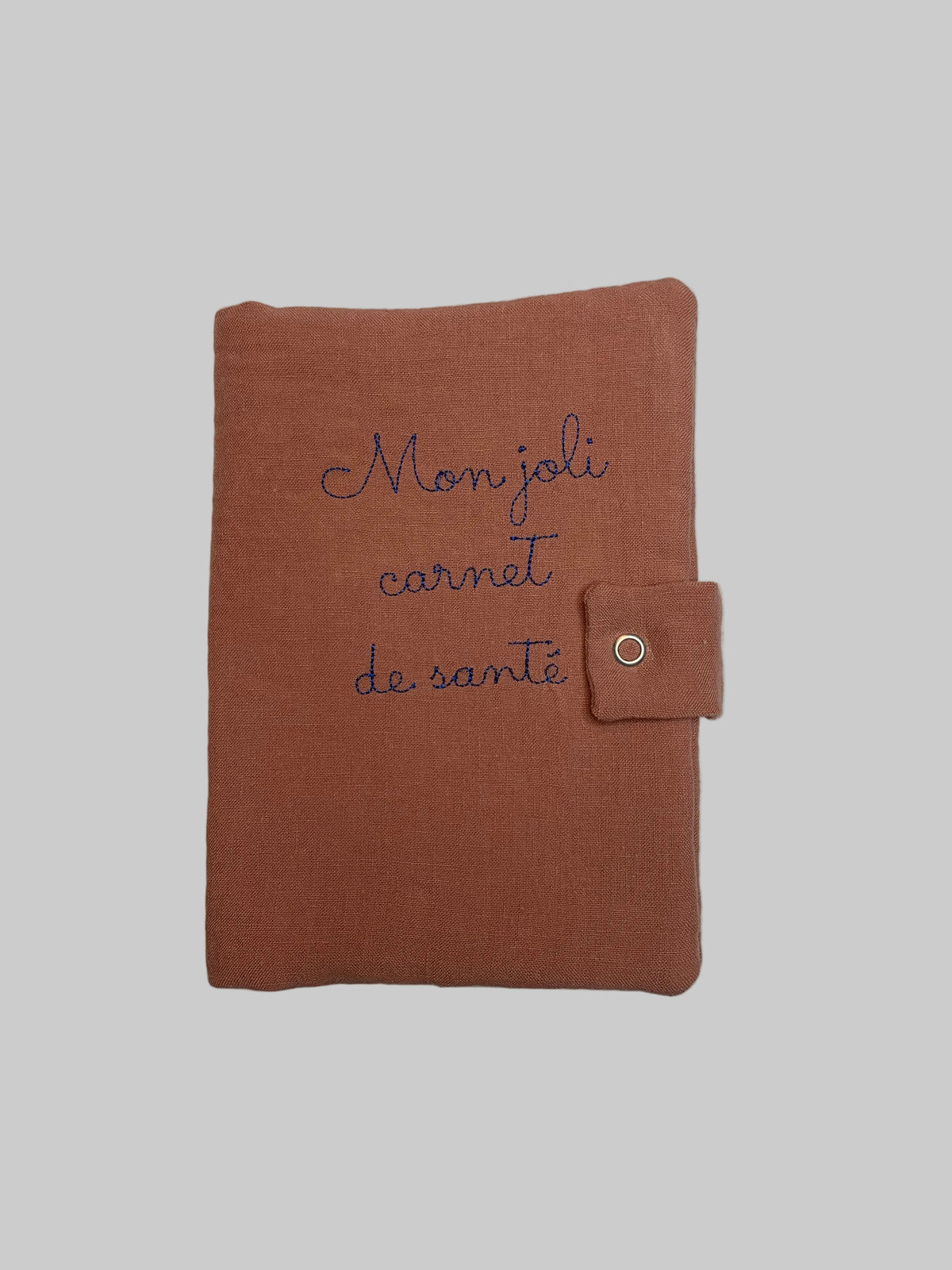 Protège carnet de santé lin rose sorbet fraise broderie bleu pétrole "mon joli carnet de santé"