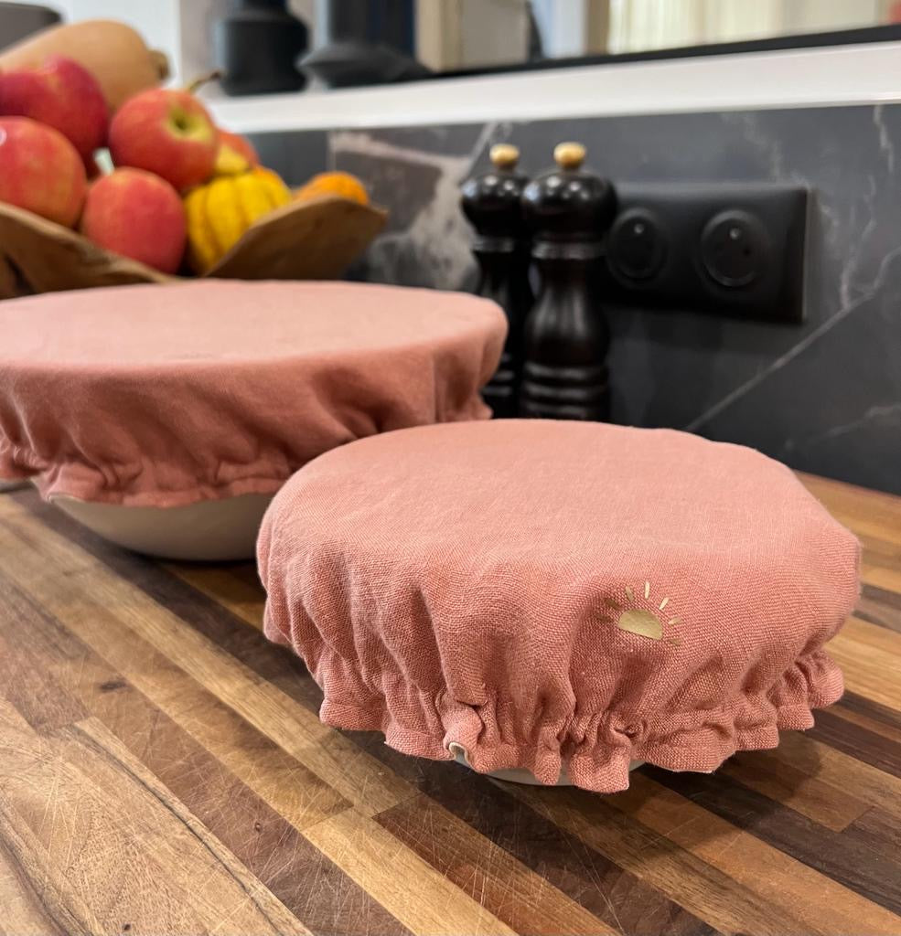 lot de 3 charlottes alimentaires en lin lave rose sorbet fraise et a et intérieur toile a beurre