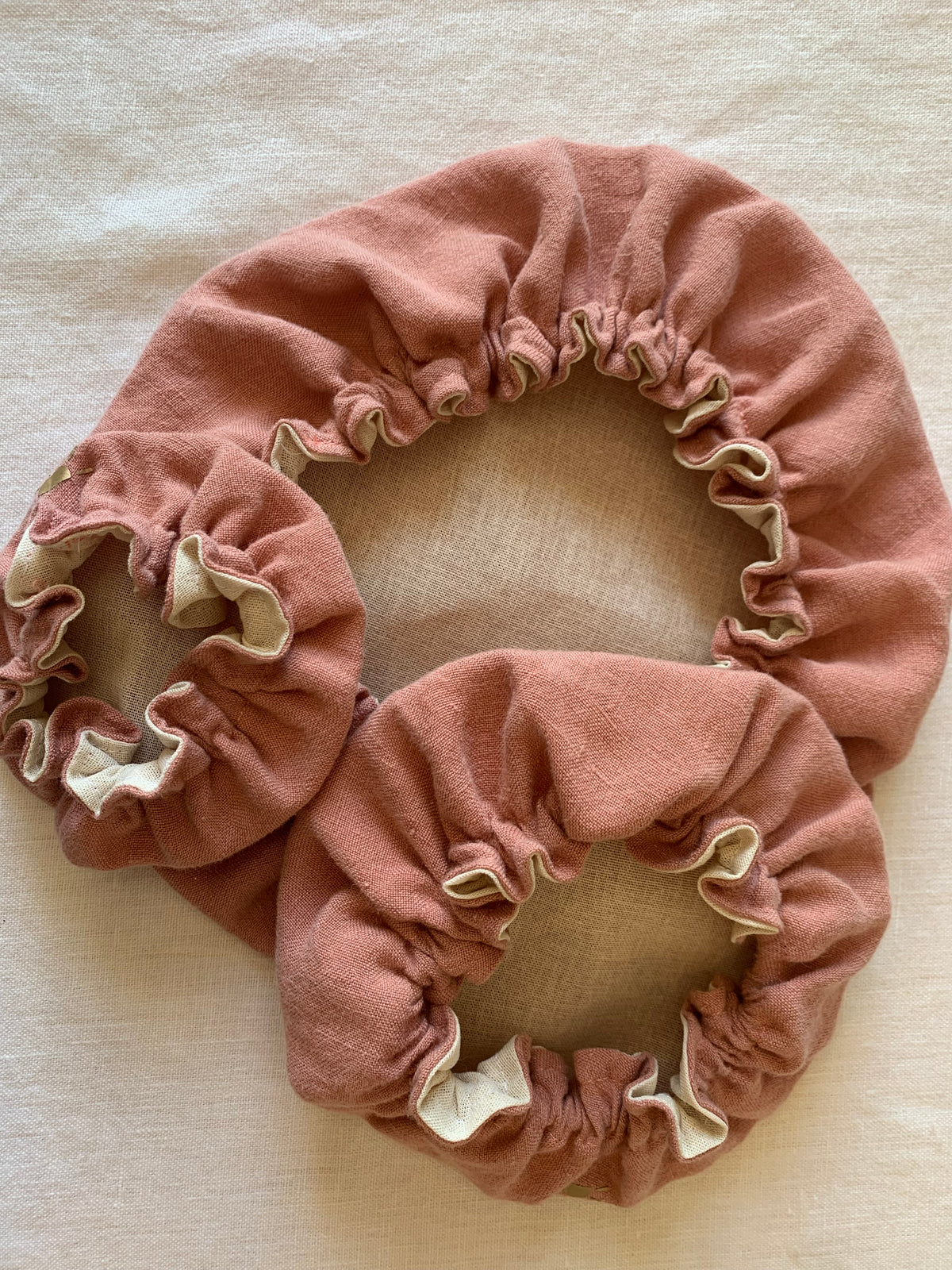 lot de 3 charlottes alimentaires en lin lave rose sorbet fraise et a et intérieur toile a beurre