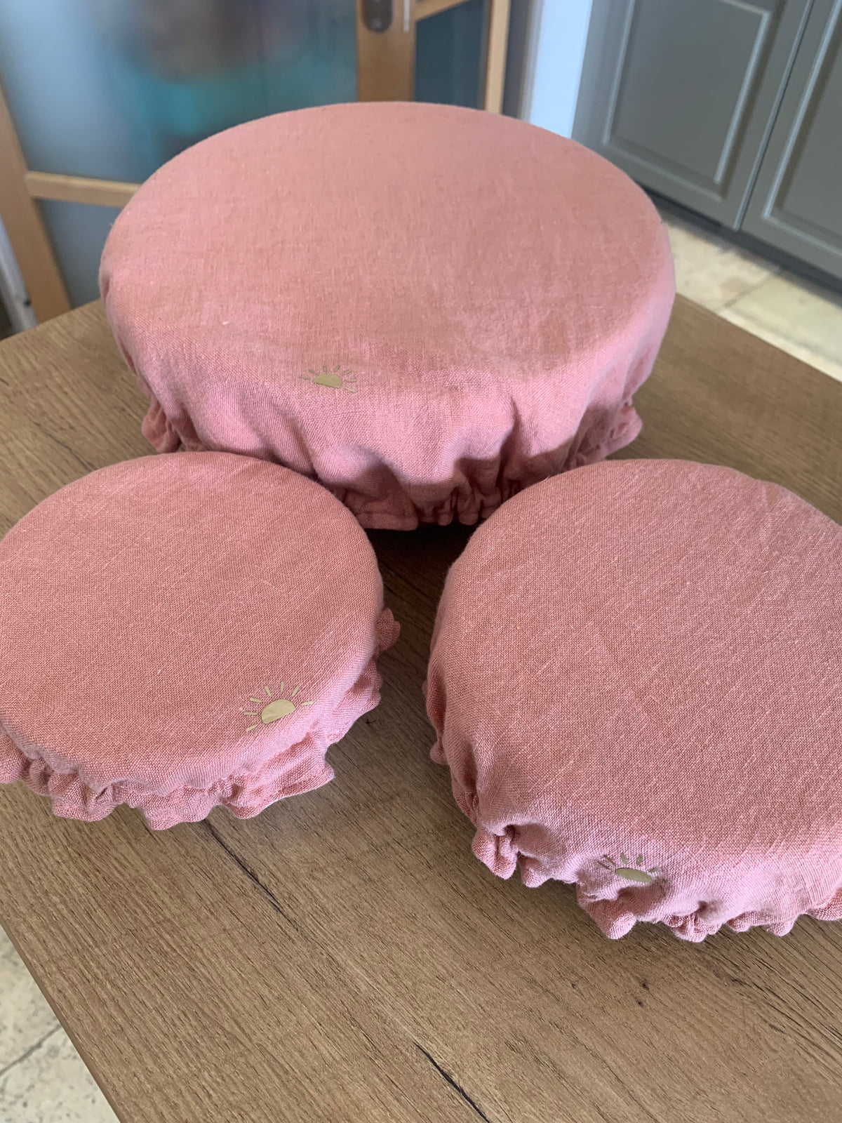 lot de 3 charlottes alimentaires en lin lave rose sorbet fraise et a et intérieur toile a beurre